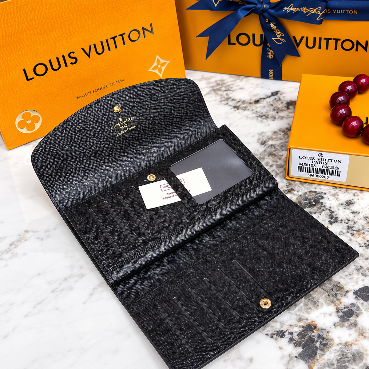 Louis Vuitton Sarah Wallet – Brown Monogram Long Flap Wallet with Gold-Tone Hardware