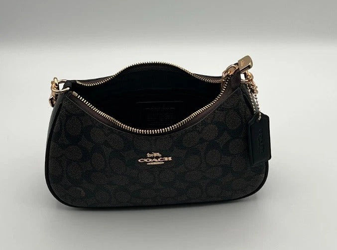 Coach Teri Shoulder Bag – Signature Canvas Brown Black Leather Crossbody Purse
