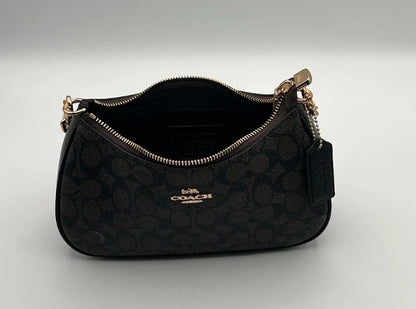 Coach Teri Shoulder Bag – Signature Canvas Brown Black Leather Crossbody Purse