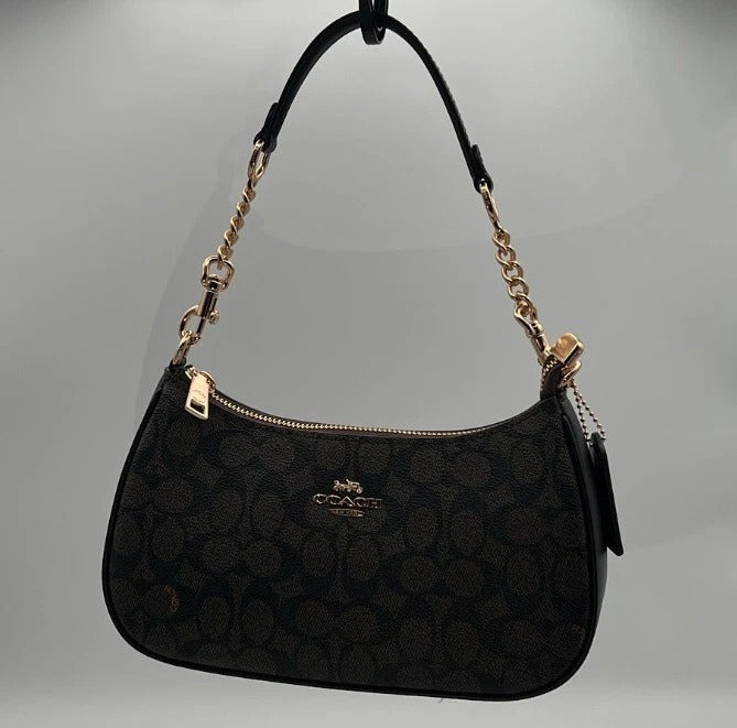 Coach Teri Shoulder Bag – Signature Canvas Brown Black Leather Crossbody Purse