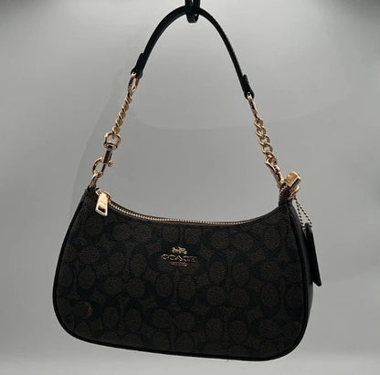 Coach Teri Shoulder Bag – Signature Canvas Brown Black Leather Crossbody Purse