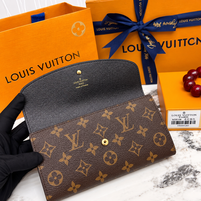 Louis Vuitton Sarah Wallet – Brown Monogram Long Flap Wallet with Gold-Tone Hardware