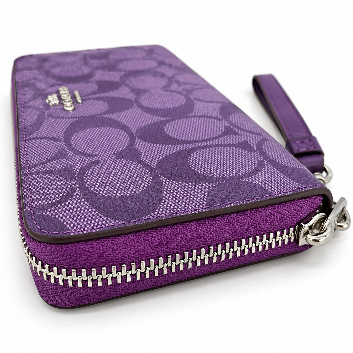 Coach Signature Zip Around Wallet Purple Wristlet Leather Women's Clutch New