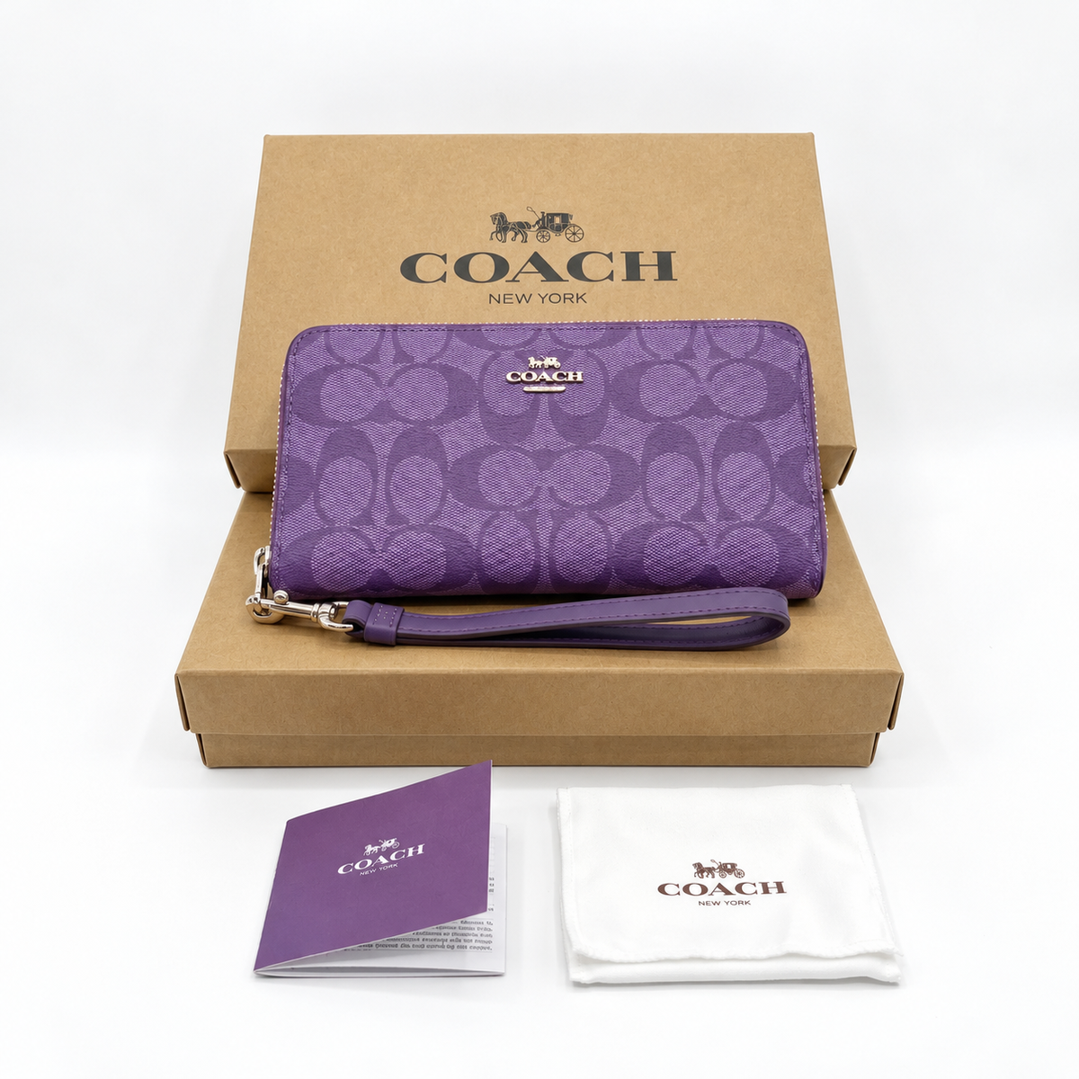 Coach Signature Zip Around Wallet Purple Wristlet Leather Women's Clutch New