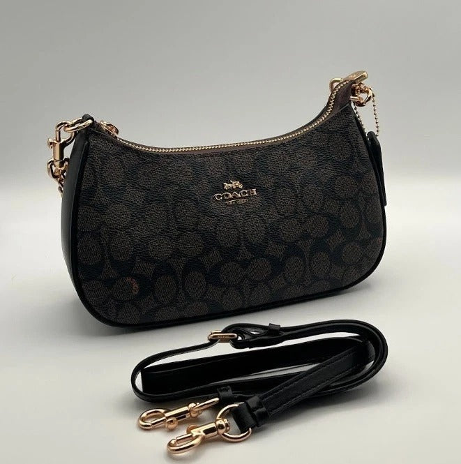 Coach Teri Shoulder Bag – Signature Canvas Brown Black Leather Crossbody Purse