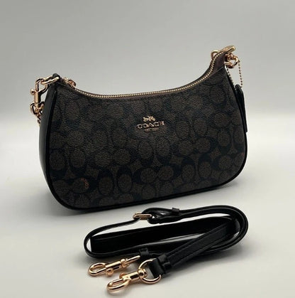 Coach Teri Shoulder Bag – Signature Canvas Brown Black Leather Crossbody Purse