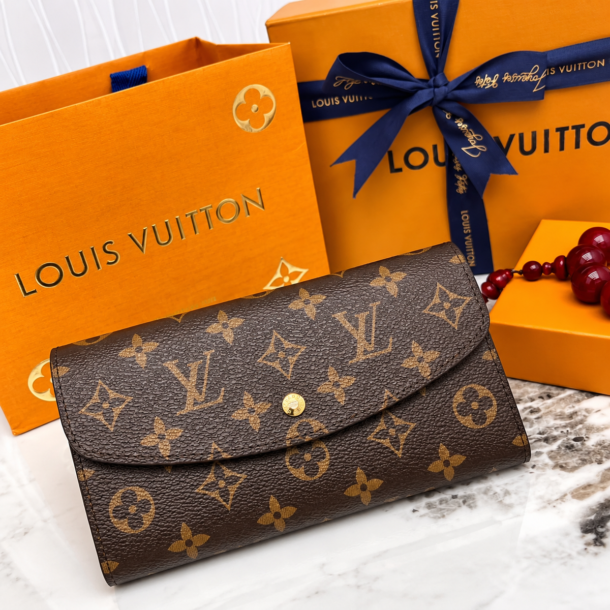 Louis Vuitton Sarah Wallet – Brown Monogram Long Flap Wallet with Gold-Tone Hardware