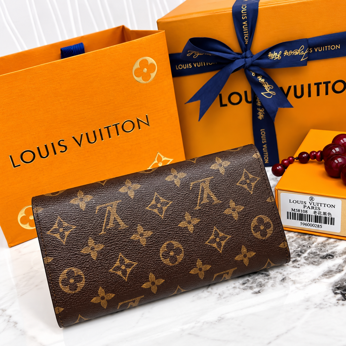 Louis Vuitton Sarah Wallet – Brown Monogram Long Flap Wallet with Gold-Tone Hardware