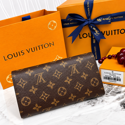 Louis Vuitton Sarah Wallet – Brown Monogram Long Flap Wallet with Gold-Tone Hardware