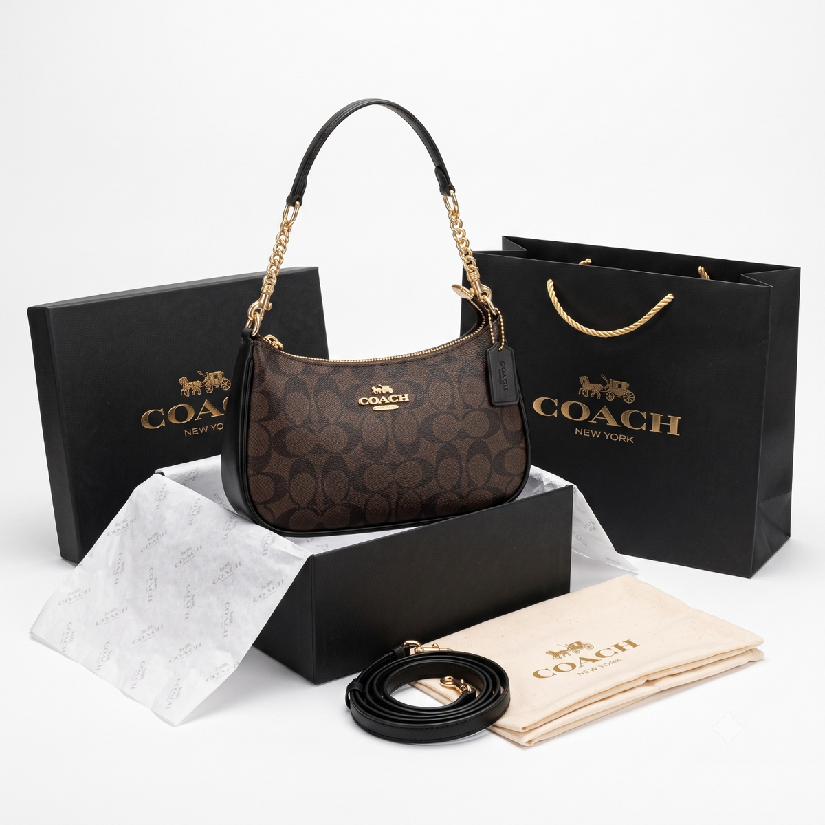 Coach Teri Shoulder Bag – Signature Canvas Brown Black Leather Crossbody Purse